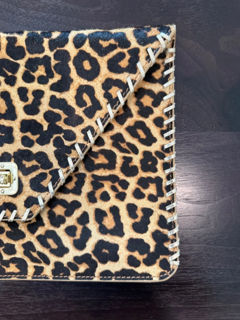 Leopard Calf Hair Envelope Clutch Gold Metallic Trim Bamboo Turn Lock
